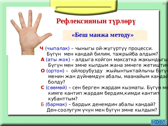  Рефлексиянын түрлөрү «Беш манжа методу»  Ч  (чыпалак) – чыныгы ой-жүгүртүү процесси.  Бүгүн мен кандай билим, тажрыйба алдым?  А  (аты жок) – алдыга койгон максатка жакындыгы.  Бүгүн мен эмне кылдым жана эмнеге жетиштим?  О  (ортон) – ойлорубузду жыйынтыктайлычы бүгүн  менин жан дүйнөмдүн абалы, маанайым кандай  болду?  С  (сөөмөй) – сен берген жардам кызматы. Бүгүн мен  кимге кантип жардам бердим,кимди кантип  кубанттым?  Б  (бармак) – бардык денемдин абалы кандай?  Ден-соолугум үчүн мен бүгүн эмне кылдым? 
