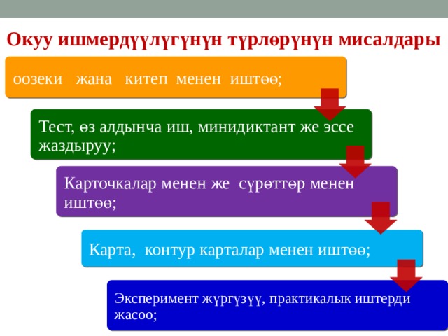 Окуу ишмердүүлүгүнүн түрлөрүнүн мисалдары оозеки жана китеп менен иштөө; Тест, өз алдынча иш, минидиктант же эссе жаздыруу; Карточкалар менен же сүрөттөр менен иштөө; Карта, контур карталар менен иштөө; Эксперимент жүргүзүү, практикалык иштерди жасоо; 