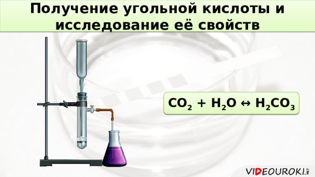 Получение угольной кислоты и исследование её свойств СО 2 + Н 2 О ↔ Н 2 СО 3 