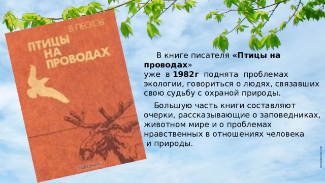  В книге писателя «Птицы на проводах »  уже в 1982г поднята проблемах экологии, говориться о людях, связавших свою судьбу с охраной природы.  Большую часть книги составляют очерки, рассказывающие о заповедниках, животном мире и о проблемах нравственных в отношениях человека  и природы.  