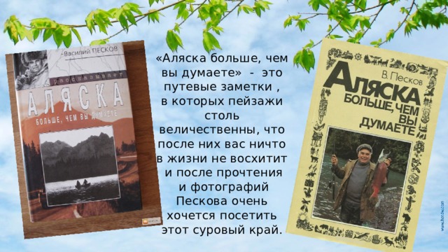 «Аляска больше, чем вы думаете» - это путевые заметки ,  в которых пейзажи столь величественны, что после них вас ничто в жизни не восхитит  и после прочтения  и фотографий Пескова очень хочется посетить этот суровый край. 