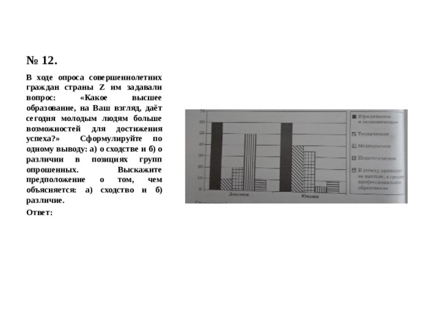 № 12. В ходе опроса совершеннолетних граждан страны Z им задавали вопрос: «Какое высшее образование, на Ваш взгляд, даёт сегодня молодым людям больше возможностей для достижения успеха?» Сформулируйте по одному выводу: а) о сходстве и б) о различии в позициях групп опрошенных. Выскажите предположение о том, чем объясняется: а) сходство и б) различие. Ответ: