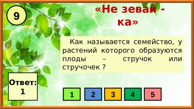 9 «Не зевай - ка» Как называется семейство, у растений которого образуются плоды – стручок или стручочек ? Ответ: 1 1 2 3 4 5 