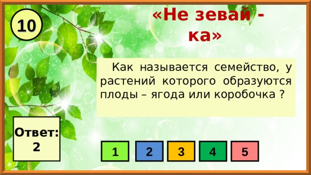 10 «Не зевай - ка» Как называется семейство, у растений которого образуются плоды – ягода или коробочка ? Ответ: 2 1 2 3 4 5 