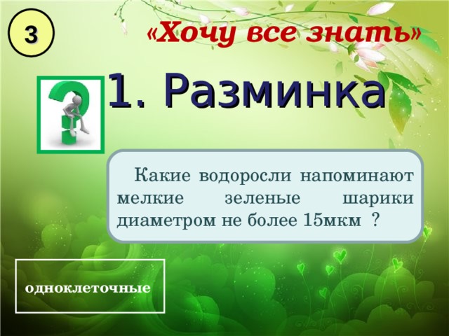 3 «Хочу все знать» 1. Разминка Какие водоросли напоминают мелкие зеленые шарики диаметром не более 15мкм ? одноклеточные  
