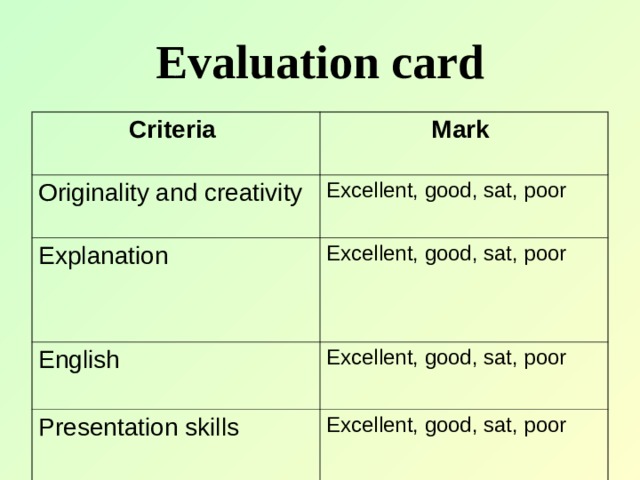 Evaluate перевод. Marking Criteria. Speaking marking Criteria. Evaluation Card. Excellent good and sat.