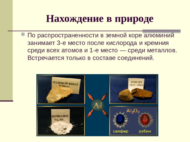 Нахождение в природе По распространенности в земной коре алюминий занимает 3-е место после кислорода и кремния среди всех атомов и 1-е место — среди металлов. Встречается только в составе соединений. 