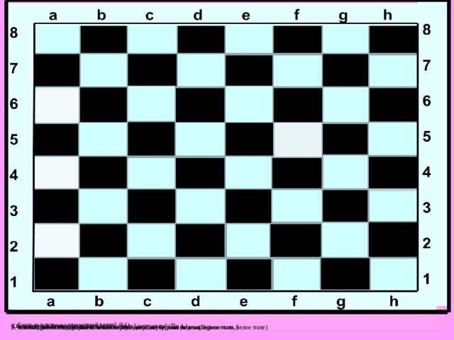 Сколько клеток на шахматной доске? (64)  4.Сколько белых полей в каждой горизонтали? вертикали? (По 4.) Сколько шахматных фигур всего? (32)  1. Какая шахматная дорожка тянется слева направо? Справа на лево(Горизонталь.) 2. Какая шахматная дорожка тянется сверху вниз. Сверху вниз (вертикаль) 3. Что следует за белым полем на шахматной доске, за черным полем (черное поле, белое поле) 