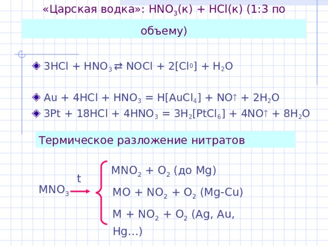 «Царская водка» :  HNO 3 (к) + HCl (к) ( 1:3 по объему)  3 HCl + HNO 3    NOCl + 2[Cl 0 ] + H 2 O  Au + 4HCl + HNO 3 = H[AuCl 4 ] + NO  + 2H 2 O  3Pt + 18HCl + 4HNO 3 = 3H 2 [PtCl 6 ] + 4NO  + 8H 2 O Термическое разложение нитратов MNO 2 + O 2 ( до Mg) t MNO 3  MO + NO 2 + O 2 (Mg-Cu) M + NO 2 + O 2 (Ag, Au, Hg…) 