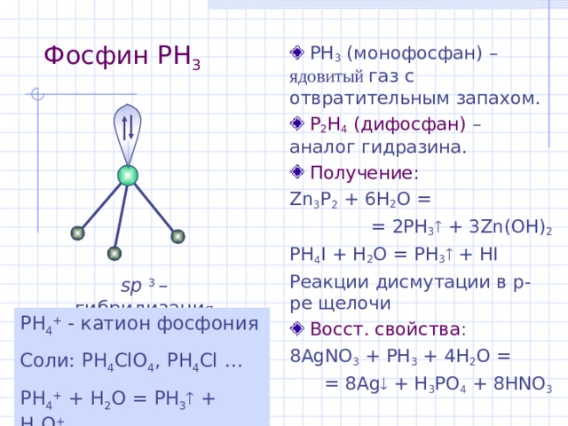Фосфин PH 3   PH 3 (монофосфан) – ядовит ый газ с отвратительным запахом.  P 2 H 4 (дифосфан) – аналог гидразина.  Получение: Zn 3 P 2  + 6 H 2 O = = 2PH 3  +  3 Zn(OH) 2 PH 4 I + H 2 O = PH 3  + HI Реакции дисмутации в р-ре щелочи  Восст. свойства : 8AgNO 3 + PH 3 + 4H 2 O = = 8Ag  + H 3 PO 4 + 8HNO 3 sp  3 –  гибридизаци я PH 4 + - катион фосфония Соли: PH 4 ClO 4 , PH 4 Cl … PH 4 + + H 2 O = PH 3  + H 3 O + 
