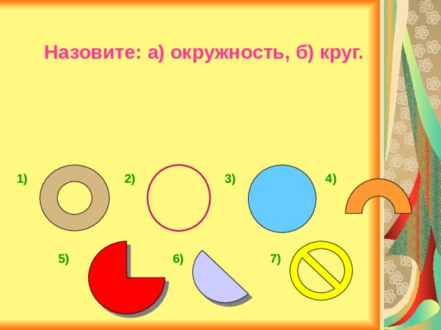 Назовите: а) окружность, б) круг. 1) 2) 3) 4) 5) 6) 7) 