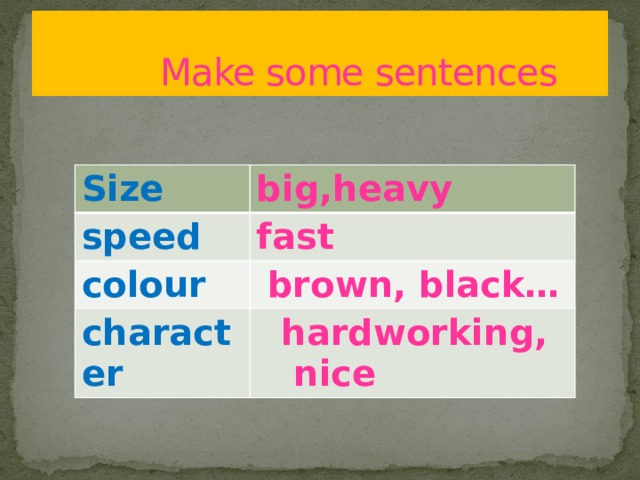  Make some sentences Size big,heavy speed fast colour  brown, black… character  hardworking,  nice 
