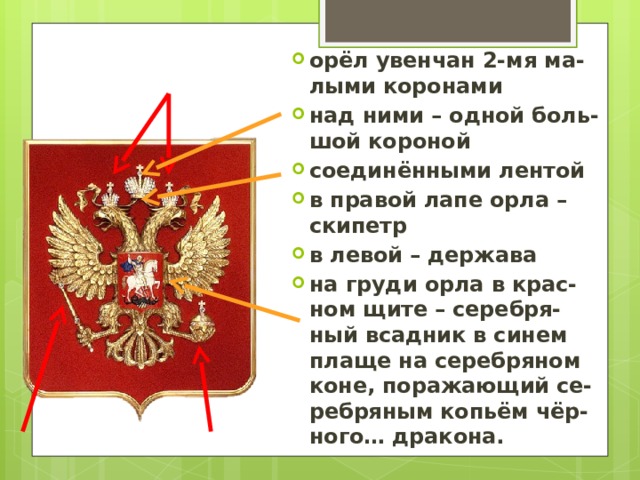 орёл увенчан 2-мя ма-лыми коронами над ними – одной боль-шой короной соединёнными лентой в правой лапе орла – скипетр в левой – держава на груди орла в крас-ном щите – серебря-ный всадник в синем плаще на серебряном коне, поражающий се-ребряным копьём чёр-ного… дракона. 