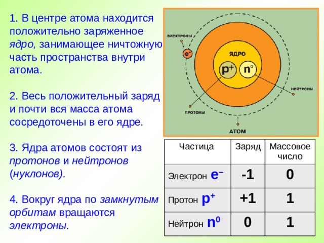 1. В центре атома находится положительно заряженное ядро, занимающее ничтожную часть пространства внутри атома. 2. Весь положительный заряд и почти вся масса атома сосредоточены в его ядре. 3. Ядра атомов состоят из протонов и нейтронов ( нуклонов).  4. Вокруг ядра по замкнутым орбитам вращаются электроны.  Частица Электрон  е – Заряд Массовое число -1 Протон  р + 0 Нейтрон  n 0 +1 1 0 1 