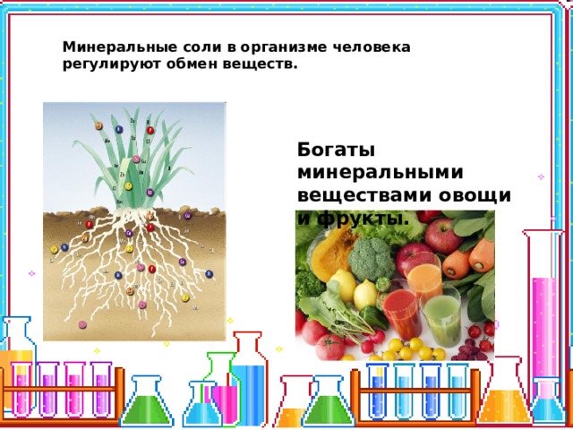 Минеральные соли в организме человека регулируют обмен веществ. Богаты минеральными веществами овощи и фрукты. 