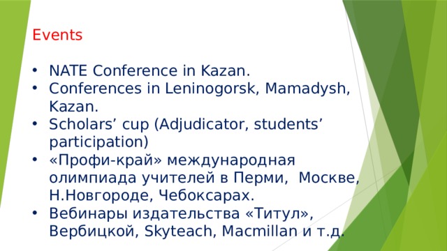       Events NATE Conference in Kazan. Conferences in Leninogorsk, Mamadysh, Kazan. Scholars’ cup (Adjudicator, students’ participation) «Профи-край» международная олимпиада учителей в Перми, Москве, Н.Новгороде, Чебоксарах. Вебинары издательства «Титул», Вербицкой, Skyteach, Macmillan и т.д. 