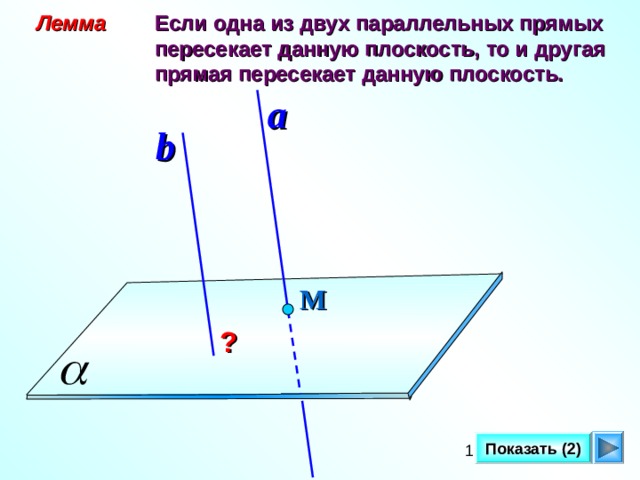 Лемма  Если одна из двух параллельных прямых   пересекает данную плоскость, то и другая   прямая пересекает данную плоскость. a b М ? Показать (2)