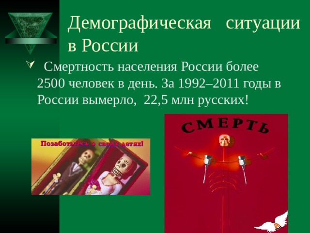 Демографическая ситуации в России  Смертность населения России более 2500 человек в день. За 1992–2011 годы в России вымерло, 22,5 млн русских! 