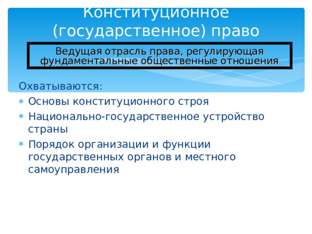 Конституционное (государственное) право Ведущая отрасль права, регулирующая фундаментальные общественные отношения Охватываются: Основы конституционного строя Национально-государственное устройство страны Порядок организации и функции государственных органов и местного самоуправления 