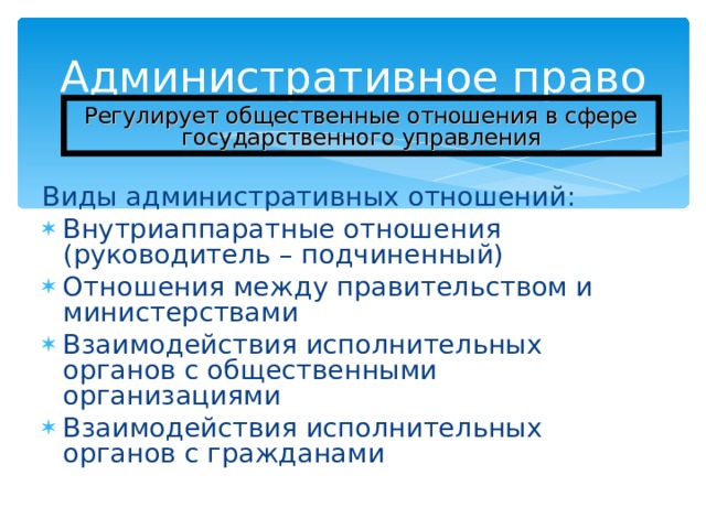 Административное право Регулирует общественные отношения в сфере государственного управления Виды административных отношений: Внутриаппаратные отношения (руководитель – подчиненный) Отношения между правительством и министерствами Взаимодействия исполнительных органов с общественными организациями Взаимодействия исполнительных органов с гражданами 