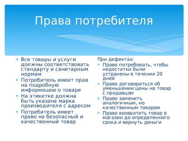 Права потребителя Все товары и услуги должны соответствовать стандарту и санитарным нормам Потребитель имеет прав на подробную информацию о товаре На этикетке должна быть указана марка производителя с адресом Потребитель имеет право на безопасный и качественный товар При дефектах: Право потребовать, чтобы недостатки были устранены в течении 20 дней Право договориться об уменьшении цены на товар с продавцом Право заменить аналогичным, но качественным товаром Право возвратить товар в магазин до определенного срока и вернуть деньги 