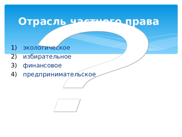 Отрасль частного права  экологическое избирательное финансовое предпринимательское 