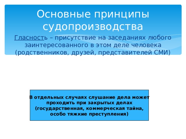 Основные принципы судопроизводства Гласност ь – присутствие на заседаниях любого заинтересованного в этом деле человека (родственников, друзей, представителей СМИ) В отдельных случаях слушание дела может проходить при закрытых делах (государственная, коммерческая тайна, особо тяжкие преступления) 