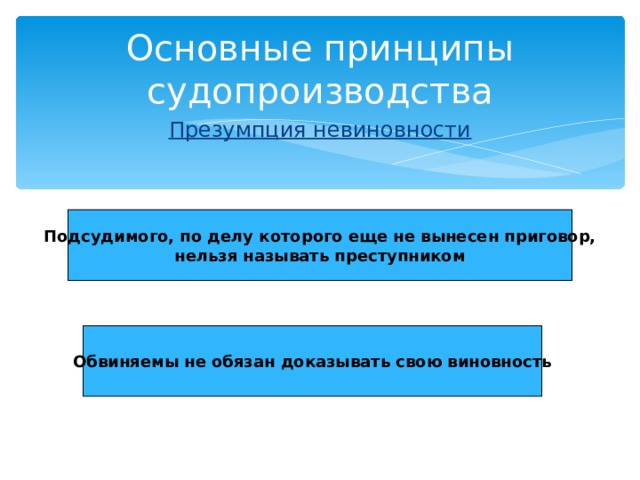 Основные принципы судопроизводства Презумпция невиновности Подсудимого, по делу которого еще не вынесен приговор, нельзя называть преступником Обвиняемы не обязан доказывать свою виновность 