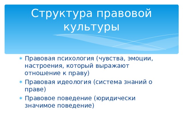 Структура правовой культуры Правовая психология (чувства, эмоции, настроения, который выражают отношение к праву) Правовая идеология (система знаний о праве) Правовое поведение (юридически значимое поведение) 