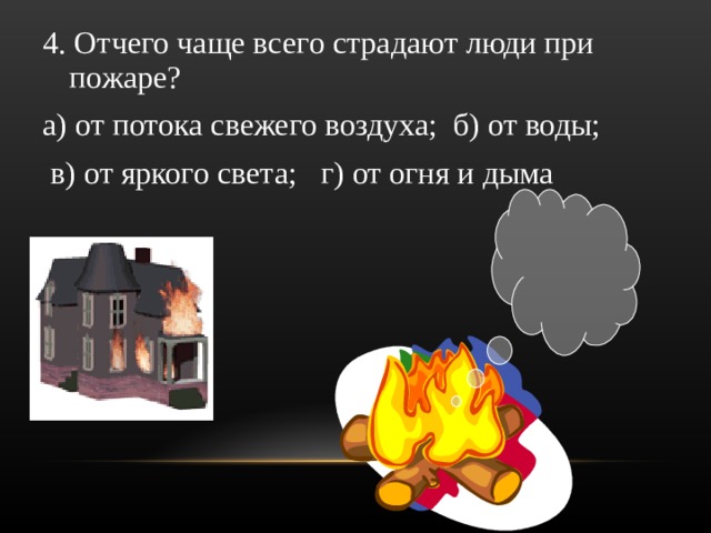 4. Отчего чаще всего страдают люди при пожаре? а) от потока свежего воздуха; б) от воды;  в) от яркого света; г) от огня и дыма 