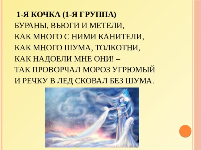 1-я кочка (1-я группа)   Бураны, вьюги и метели,  Как много с ними канители,  Как много шума, толкотни,  Как надоели мне они! –  Так проворчал мороз угрюмый  И речку в лед сковал без шума. 