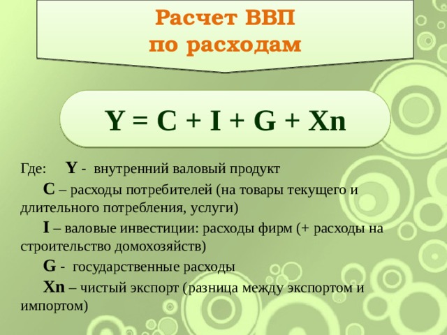 Расчет ВВП по расходам Y = C + I + G + Xn Где:  Y - внутренний валовый продукт  С – расходы потребителей (на товары текущего и  длительного потребления, услуги)  I – валовые инвестиции: расходы фирм (+ расходы на  строительство домохозяйств)  G - государственные расходы  Xn – чистый экспорт (разница между экспортом и  импортом) 