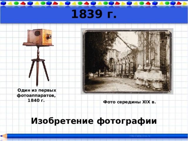 1839 г.  Один из первых фотоаппаратов, 1840 г. Фото середины XIX в. Изобретение фотографии  