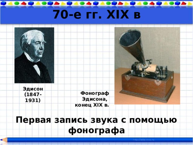 70-е гг. XIX в Эдисон (1847-1931) Фонограф  Эдисона,  конец XIX в. Первая запись звука с помощью фонографа  