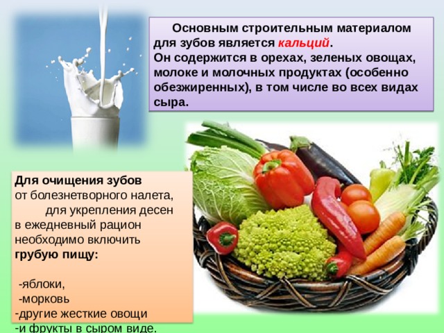 Основным строительным материалом для зубов является кальций . Он содержится в орехах, зеленых овощах, молоке и молочных продуктах (особенно обезжиренных), в том числе во всех видах сыра. Для очищения зубов от болезнетворного налета,  для укрепления десен в ежедневный рацион необходимо включить грубую пищу:   -яблоки,  -морковь другие жесткие овощи и фрукты в сыром виде. 
