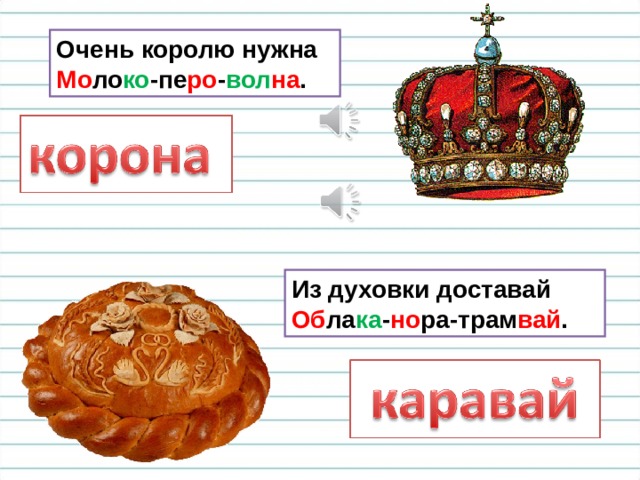 Очень королю нужна  Мо ло ко -пе ро - вол на . Из духовки доставай  Об ла ка - но ра-трам вай . 