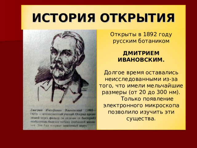 ИСТОРИЯ ОТКРЫТИЯ Открыты в 1892 году русским ботаником  ДМИТРИЕМ ИВАНОВСКИМ. Долгое время оставались неисследованными из-за того, что имели мельчайшие размеры (от 20 до 300 нм).  Только появление электронного микроскопа позволило изучить эти существа. 
