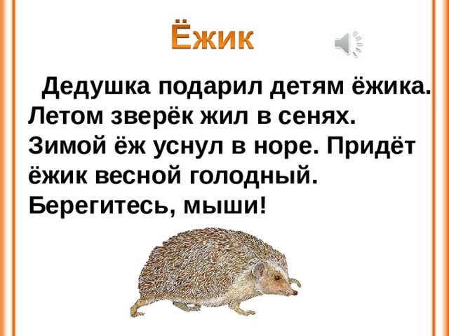  Дедушка подарил детям ёжика.  Летом зверёк жил в сенях.  Зимой ёж уснул в норе. Придёт  ёжик весной голодный.  Берегитесь, мыши! 