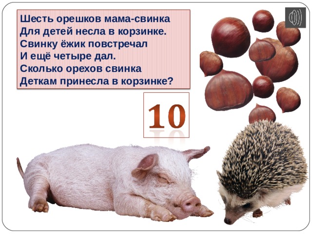 Шесть орешков мама-свинка  Для детей несла в корзинке.  Свинку ёжик повстречал  И ещё четыре дал.  Сколько орехов свинка  Деткам принесла в корзинке? 