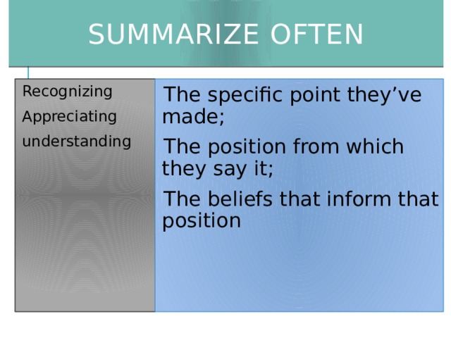 Summarize often Recognizing Appreciating understanding The specific point they’ve made; The position from which they say it; The beliefs that inform that position 