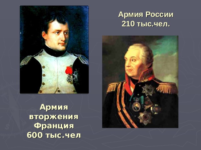 Армия России 210 тыс.чел. Армия вторжения  Франция  600 тыс.чел