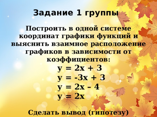 Задание 1 группы Построить в одной системе координат графики функций и выяснить взаимное расположение графиков в зависимости от коэффициентов: у = 2х + 3 у = -3х + 3 у = 2х – 4 у = 2х  Сделать вывод (гипотезу) 