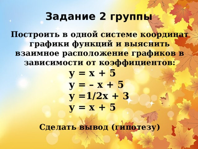 Задание 2 группы Построить в одной системе координат графики функций и выяснить взаимное расположение графиков в зависимости от коэффициентов: у = х + 5 у = – х + 5 у =1/2х + 3 у = х + 5  Сделать вывод (гипотезу)  