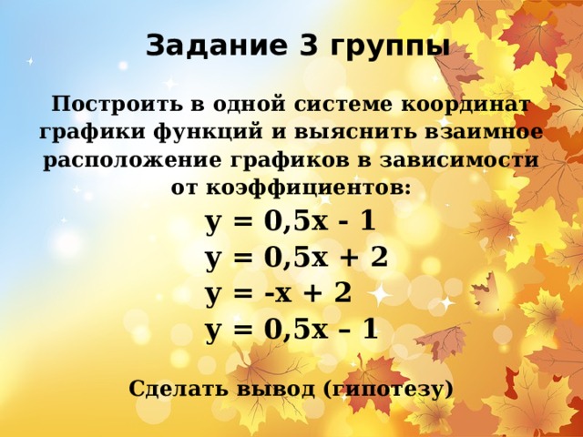 Задание 3 группы Построить в одной системе координат графики функций и выяснить взаимное расположение графиков в зависимости от коэффициентов: у = 0,5х - 1  у = 0,5х + 2  у = -х + 2  у = 0,5х – 1  Сделать вывод (гипотезу) 