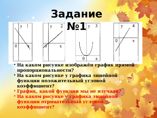 Задание №1 На каком рисунке изображён график прямой пропорциональности? На каком рисунке у графика линейной функции положительный угловой коэффициент? График, какой функции мы не изучали? На каком рисунке у графика линейной функции отрицательный угловой коэффициент? Задание №1  