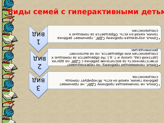 1 вид Семья, изучающая проблему СДВГ, принимает ребёнка таким, какой он есть. Обращается за помощью к специалистам. Семья, изучающая проблему СДВГ, принимает ребёнка таким, какой он есть. Обращается за помощью к специалистам. 2 вид Семья, понимающая проблему, но перекладывает ответственность за воспитание ребёнка с СДВГ на других (детский сад, школу и т. д.). Не обращается за помощью к специалистам или обращается, но не выполняет рекомендации. Семья, понимающая проблему, но перекладывает ответственность за воспитание ребёнка с СДВГ на других (детский сад, школу и т. д.). Не обращается за помощью к специалистам или обращается, но не выполняет рекомендации. 3 вид Семья, не понимающая проблему СДВГ, не принимает ребёнка таким, какой он есть. Игнорирует помощь специалистов. Семья, не понимающая проблему СДВГ, не принимает ребёнка таким, какой он есть. Игнорирует помощь специалистов. Виды семей с гиперактивными детьми 