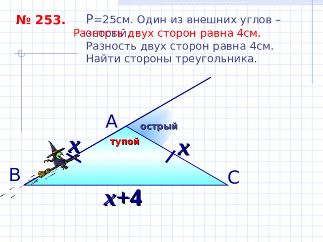 P = 25см. Один из внешних углов – острый. Разность двух сторон равна 4см. Найти стороны треугольника. № 253. Разность двух сторон равна 4см.  А острый х х тупой В С х+ 4 