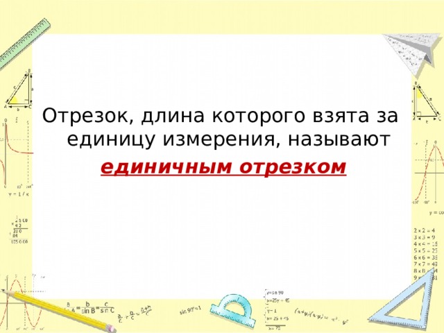 Отрезок, длина которого взята за единицу измерения, называют  единичным отрезком 