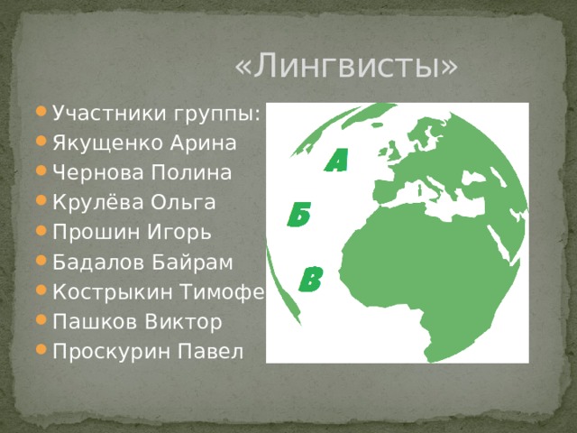  «Лингвисты» Участники группы: Якущенко Арина Чернова Полина Крулёва Ольга Прошин Игорь Бадалов Байрам Кострыкин Тимофей Пашков Виктор Проскурин Павел 