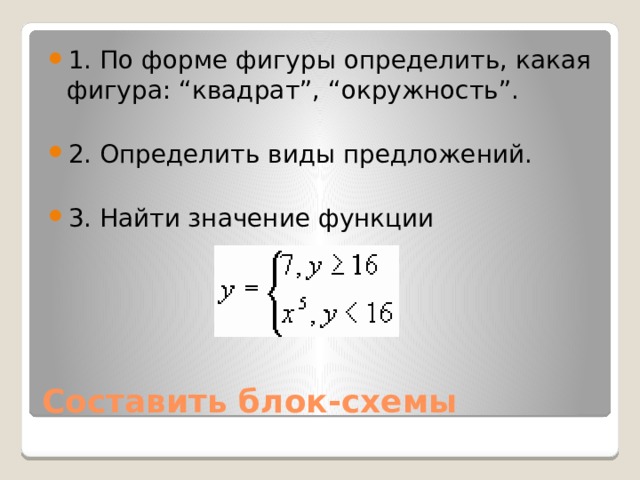 1. По форме фигуры определить, какая фигура: “квадрат”, “окружность”. 2. Определить виды предложений. 3. Найти значение функции Составить блок-схемы  